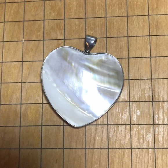 Blister Pearl Heart Big Pendant 2 1/16”Hx2"W Silver Tone Frame, Bale Organic EVC - Picture 8 of 8